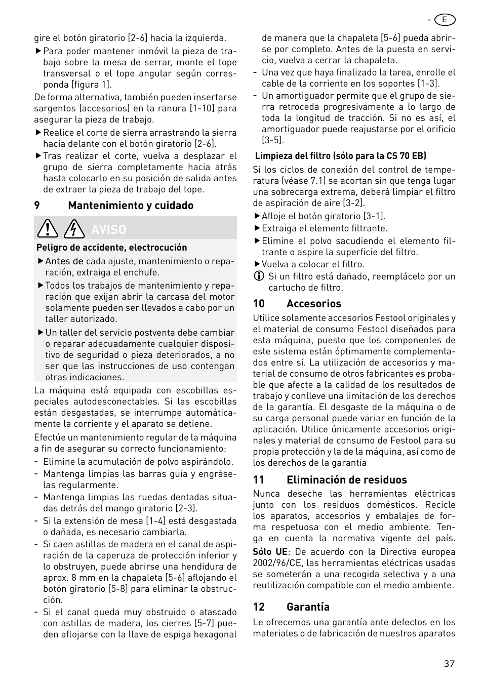 Aviso | Festool CS 70 E PRECISIO User Manual | Page 37 / 116