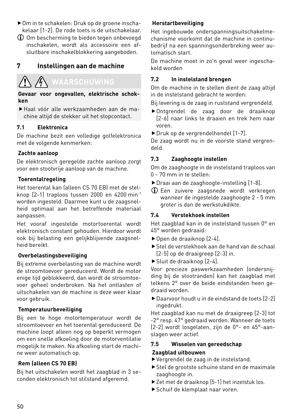 Waarschuwing | Festool CS 70 E PRECISIO User Manual | Page 50 / 116