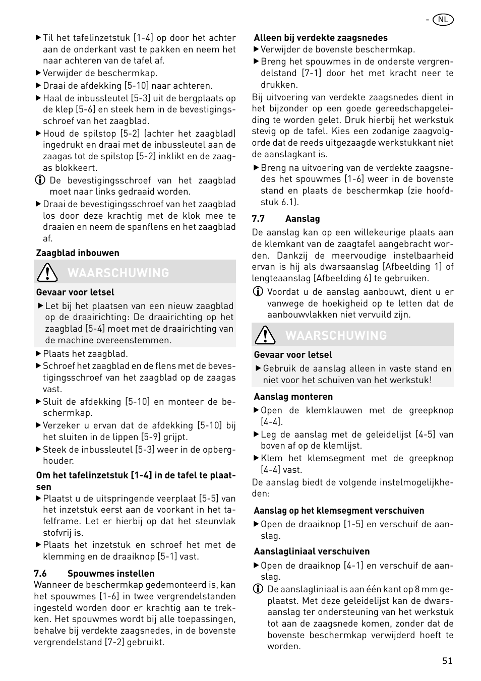 Waarschuwing | Festool CS 70 E PRECISIO User Manual | Page 51 / 116