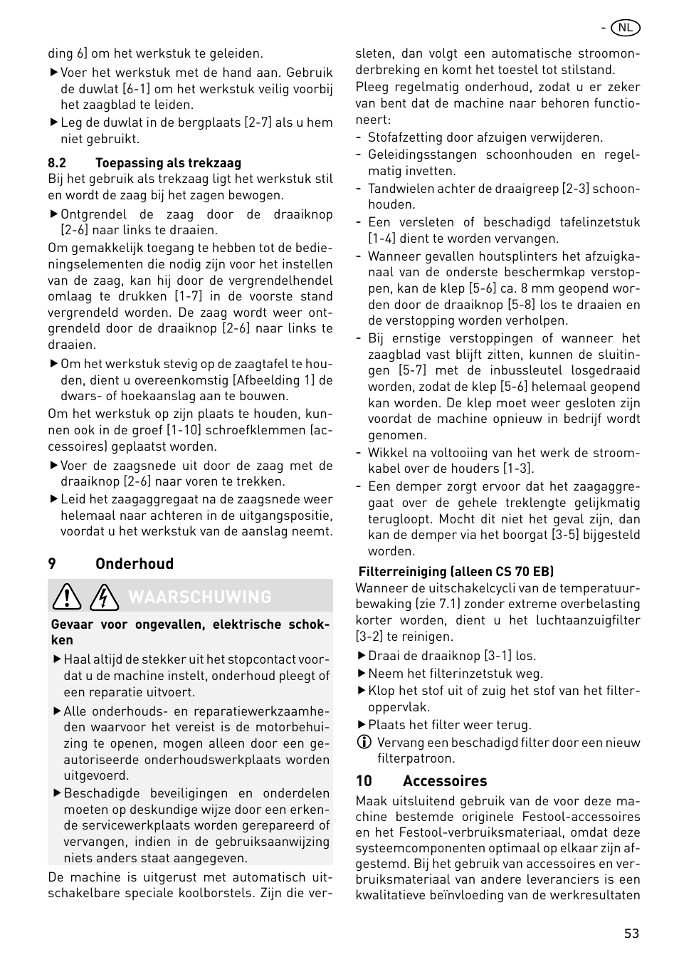 Waarschuwing | Festool CS 70 E PRECISIO User Manual | Page 53 / 116