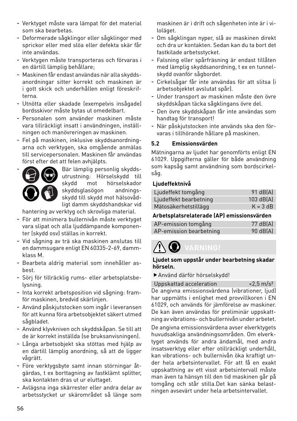 Varning | Festool CS 70 E PRECISIO User Manual | Page 56 / 116