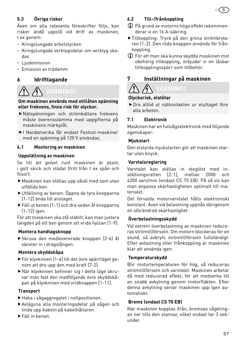 Varning | Festool CS 70 E PRECISIO User Manual | Page 57 / 116