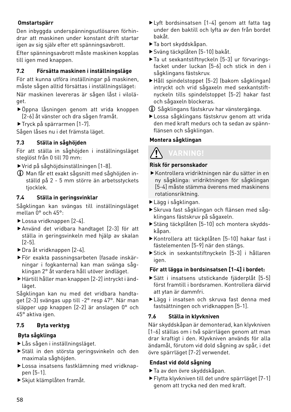 Varning | Festool CS 70 E PRECISIO User Manual | Page 58 / 116