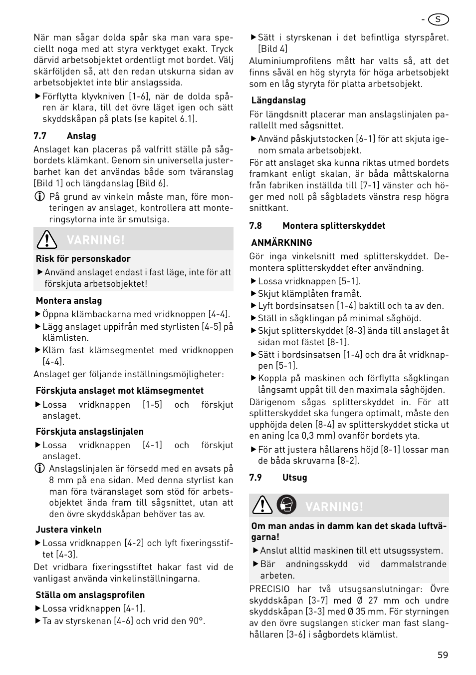 Varning | Festool CS 70 E PRECISIO User Manual | Page 59 / 116