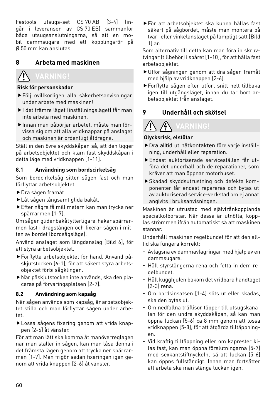 Varning | Festool CS 70 E PRECISIO User Manual | Page 60 / 116