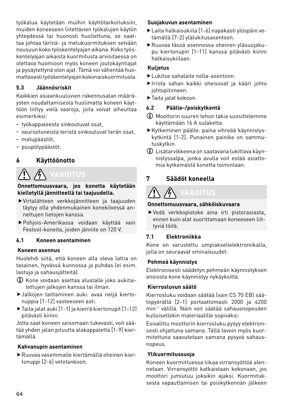 Varoitus | Festool CS 70 E PRECISIO User Manual | Page 64 / 116