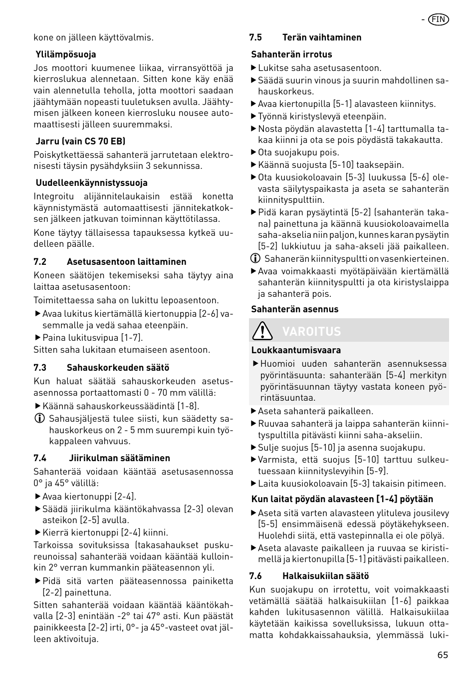 Varoitus | Festool CS 70 E PRECISIO User Manual | Page 65 / 116