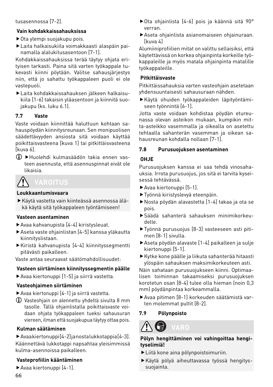 Varoitus, Varo | Festool CS 70 E PRECISIO User Manual | Page 66 / 116