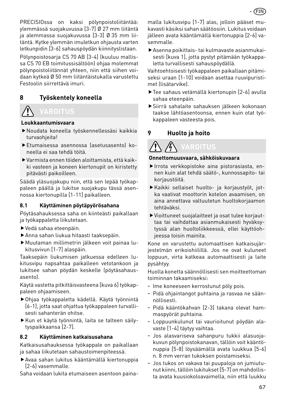 Varoitus | Festool CS 70 E PRECISIO User Manual | Page 67 / 116