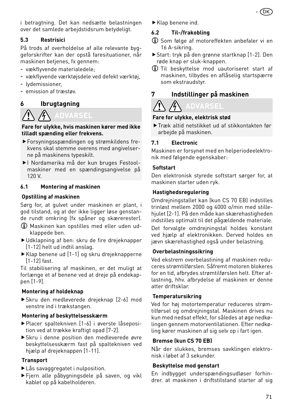 Advarsel | Festool CS 70 E PRECISIO User Manual | Page 71 / 116