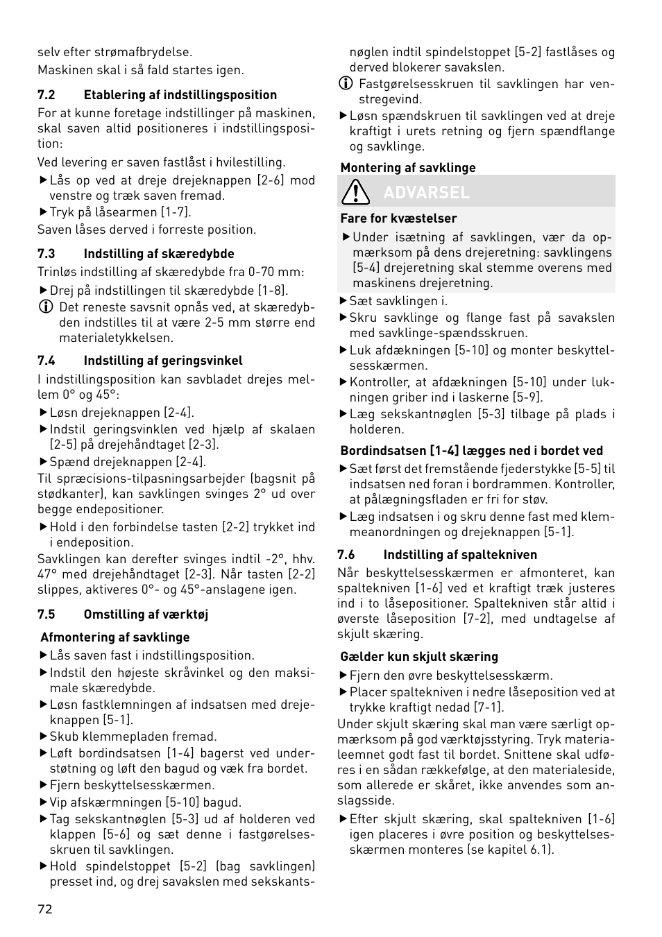 Advarsel | Festool CS 70 E PRECISIO User Manual | Page 72 / 116