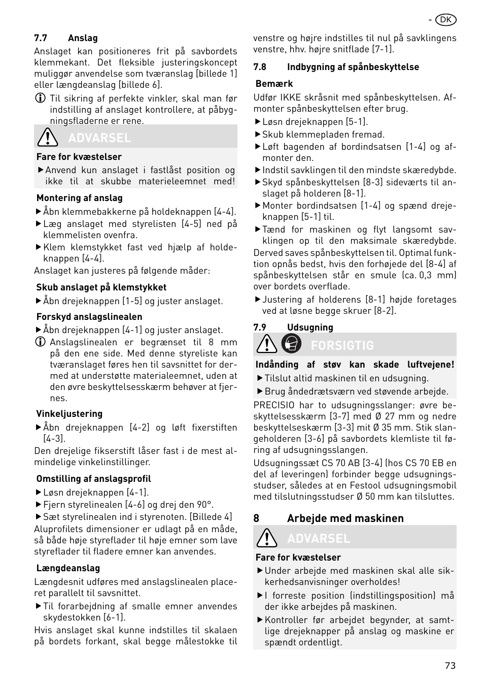 Advarsel, Forsigtig | Festool CS 70 E PRECISIO User Manual | Page 73 / 116