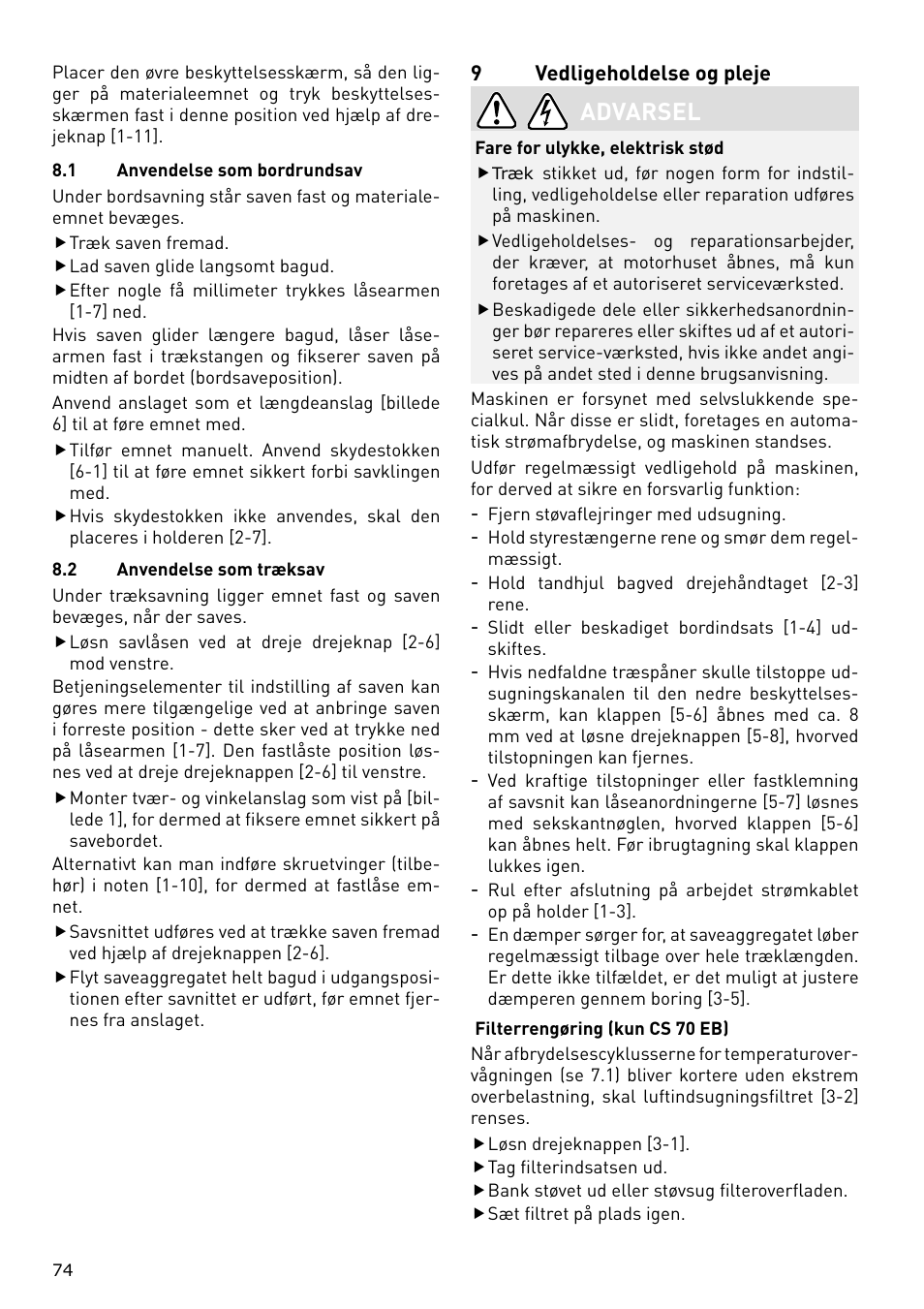 Advarsel | Festool CS 70 E PRECISIO User Manual | Page 74 / 116