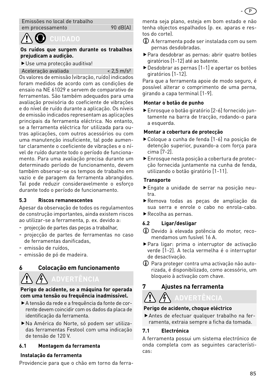 Cuidado, Advertência | Festool CS 70 E PRECISIO User Manual | Page 85 / 116