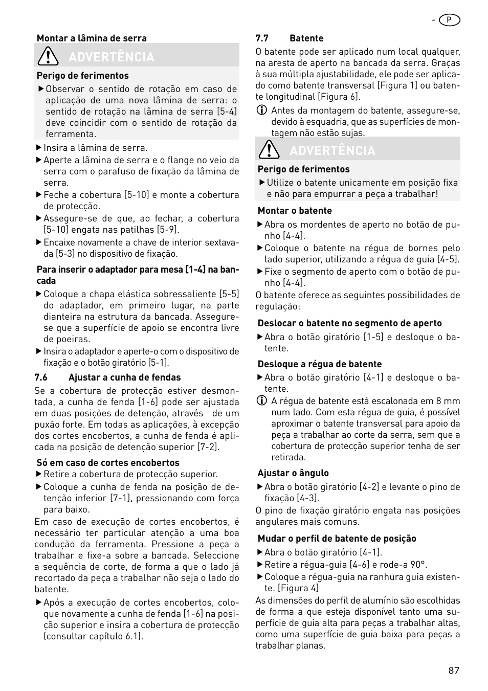 Advertência | Festool CS 70 E PRECISIO User Manual | Page 87 / 116