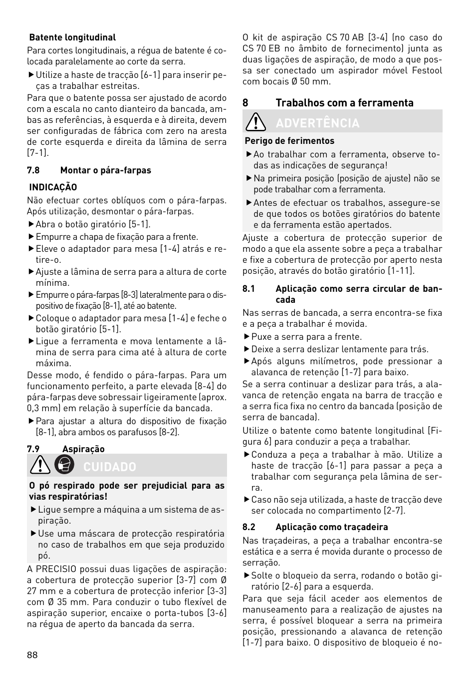 Cuidado, Advertência | Festool CS 70 E PRECISIO User Manual | Page 88 / 116