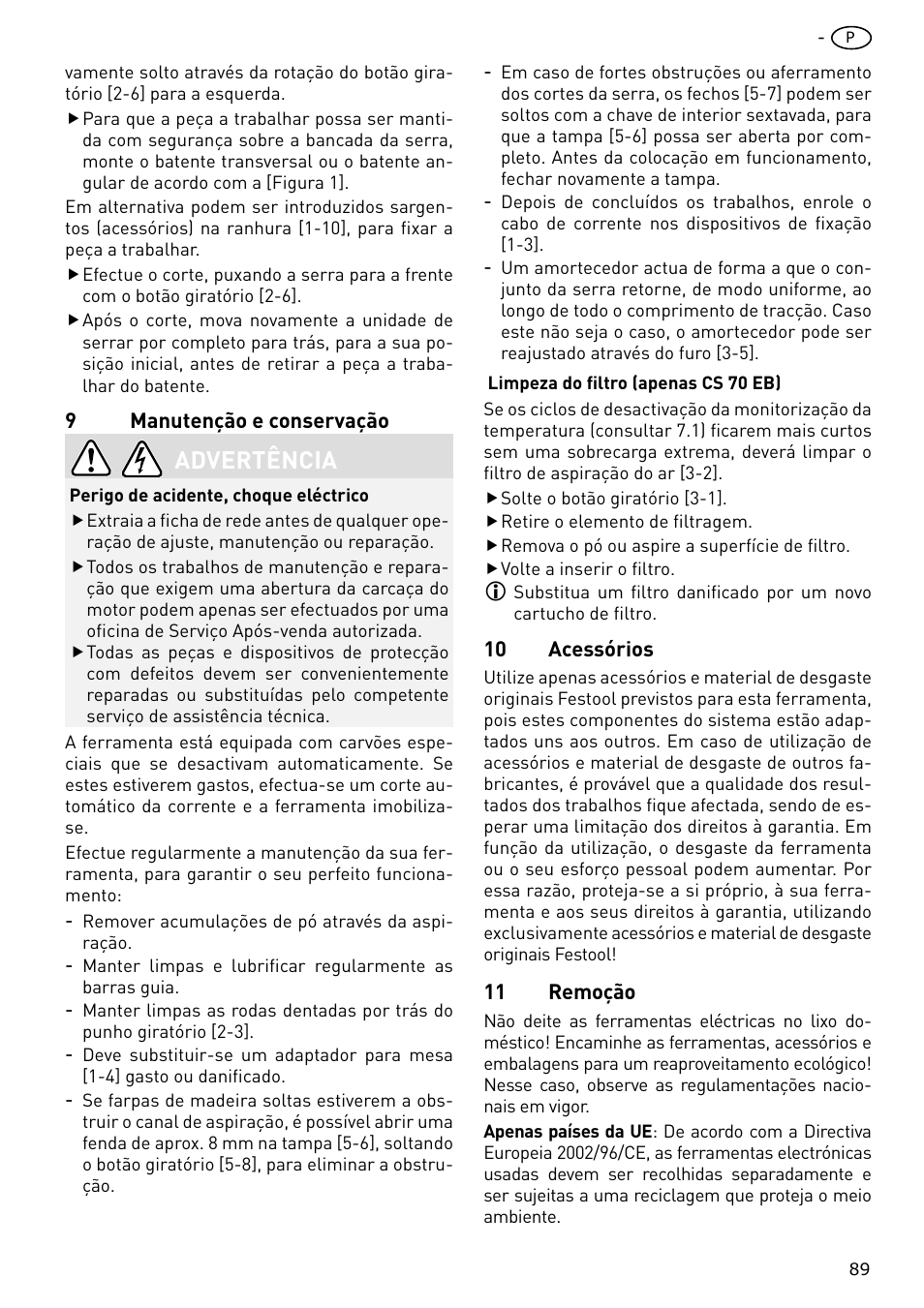 Advertência | Festool CS 70 E PRECISIO User Manual | Page 89 / 116