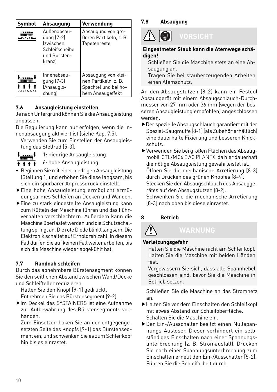 Vorsicht, Warnung | Festool PLANEX LHS 225 EQ User Manual | Page 10 / 126