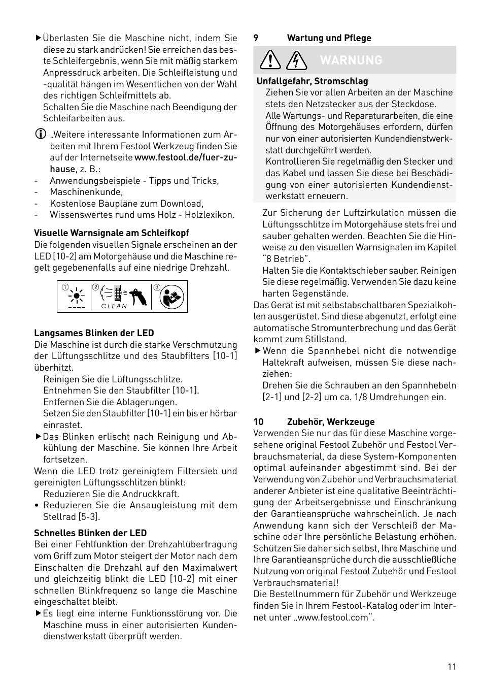 Warnung | Festool PLANEX LHS 225 EQ User Manual | Page 11 / 126