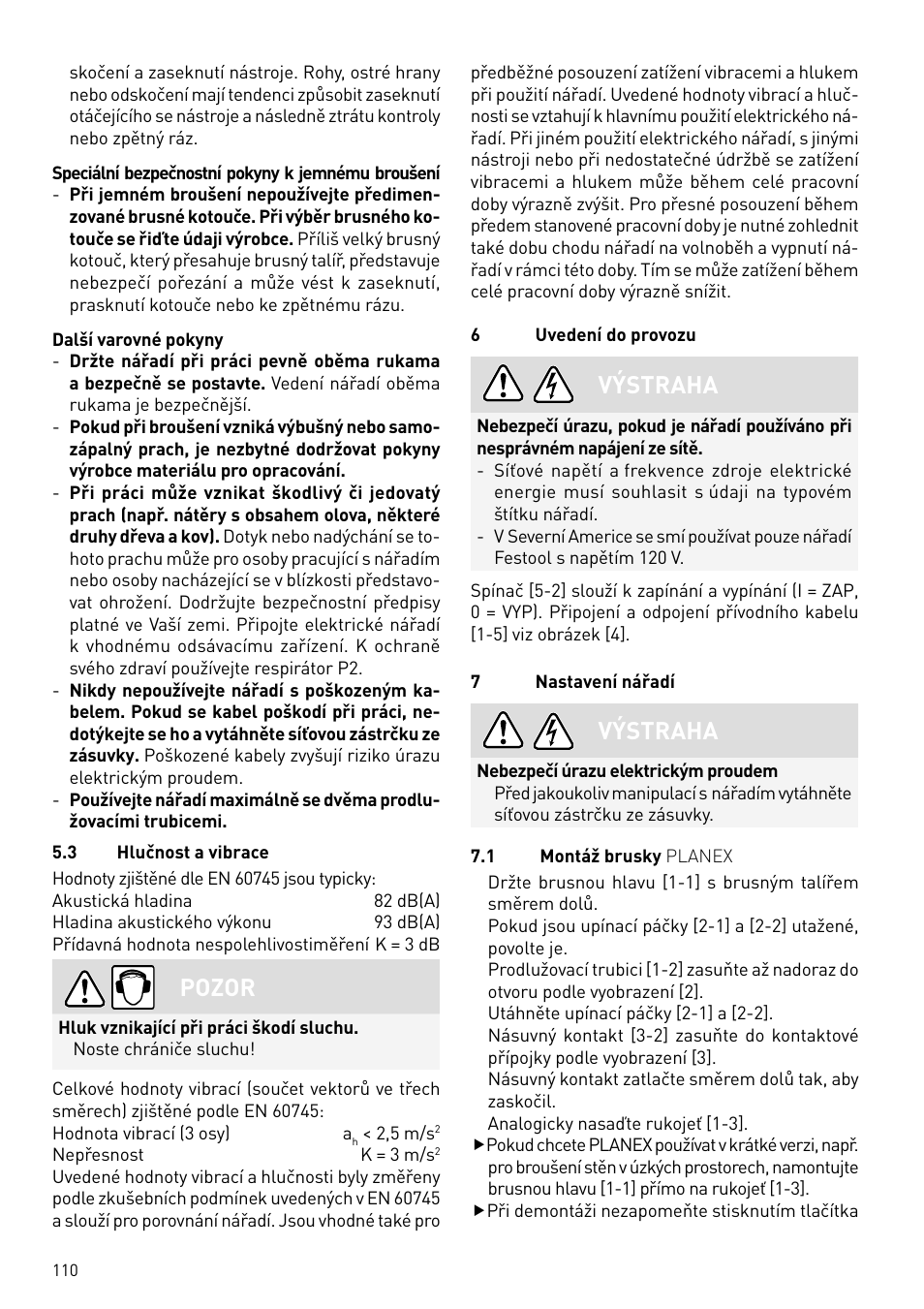 Pozor, Výstraha | Festool PLANEX LHS 225 EQ User Manual | Page 110 / 126