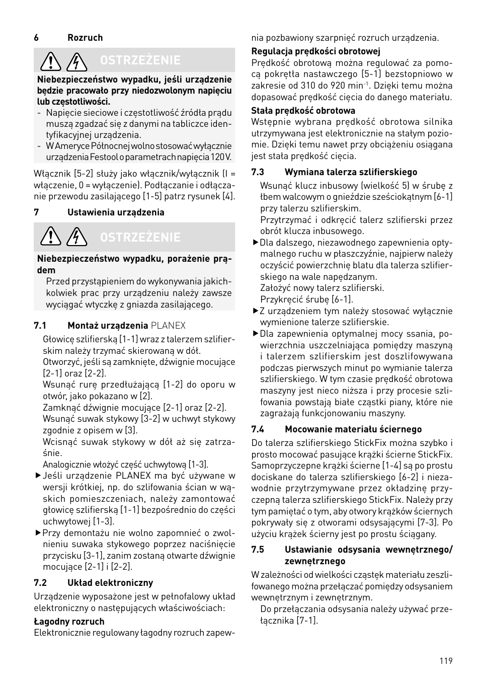 Ostrzeżenie | Festool PLANEX LHS 225 EQ User Manual | Page 119 / 126