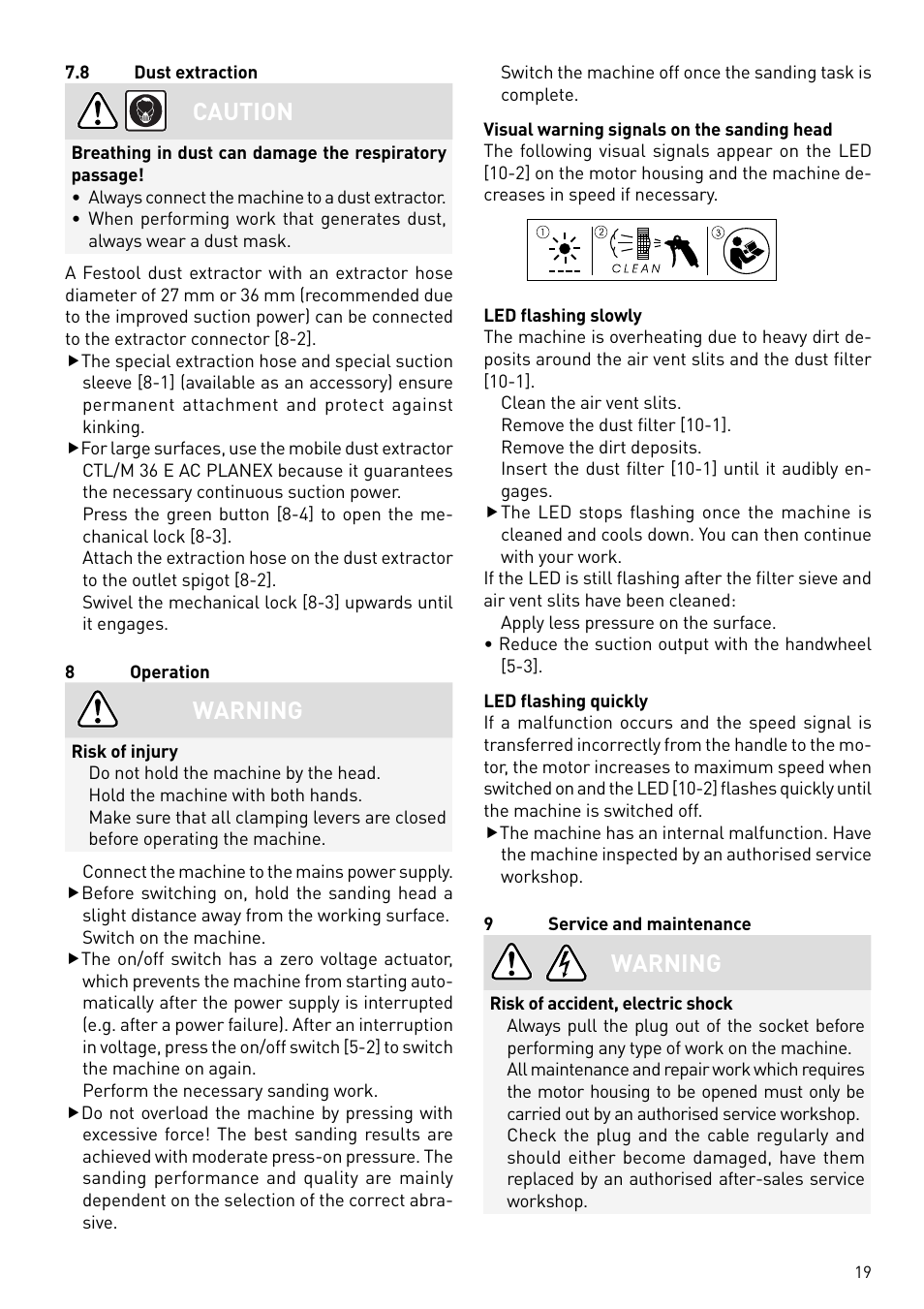 Caution, Warning | Festool PLANEX LHS 225 EQ User Manual | Page 19 / 126