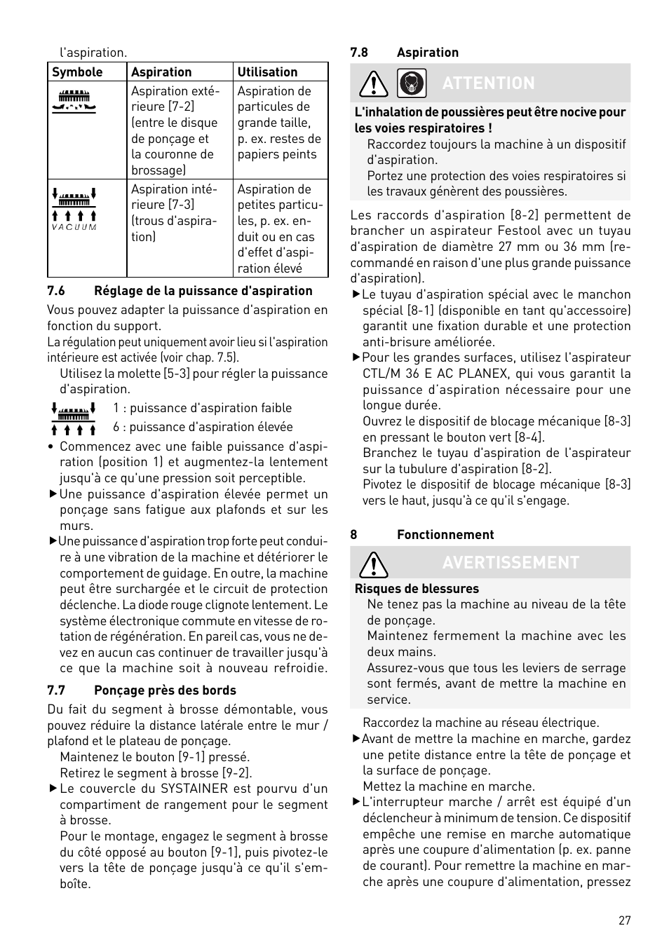 Attention, Avertissement | Festool PLANEX LHS 225 EQ User Manual | Page 27 / 126