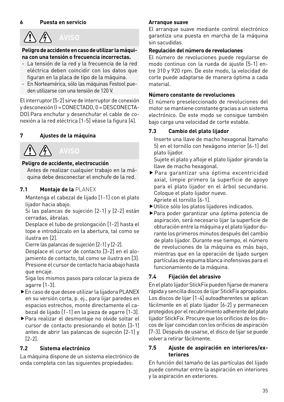 Aviso | Festool PLANEX LHS 225 EQ User Manual | Page 35 / 126