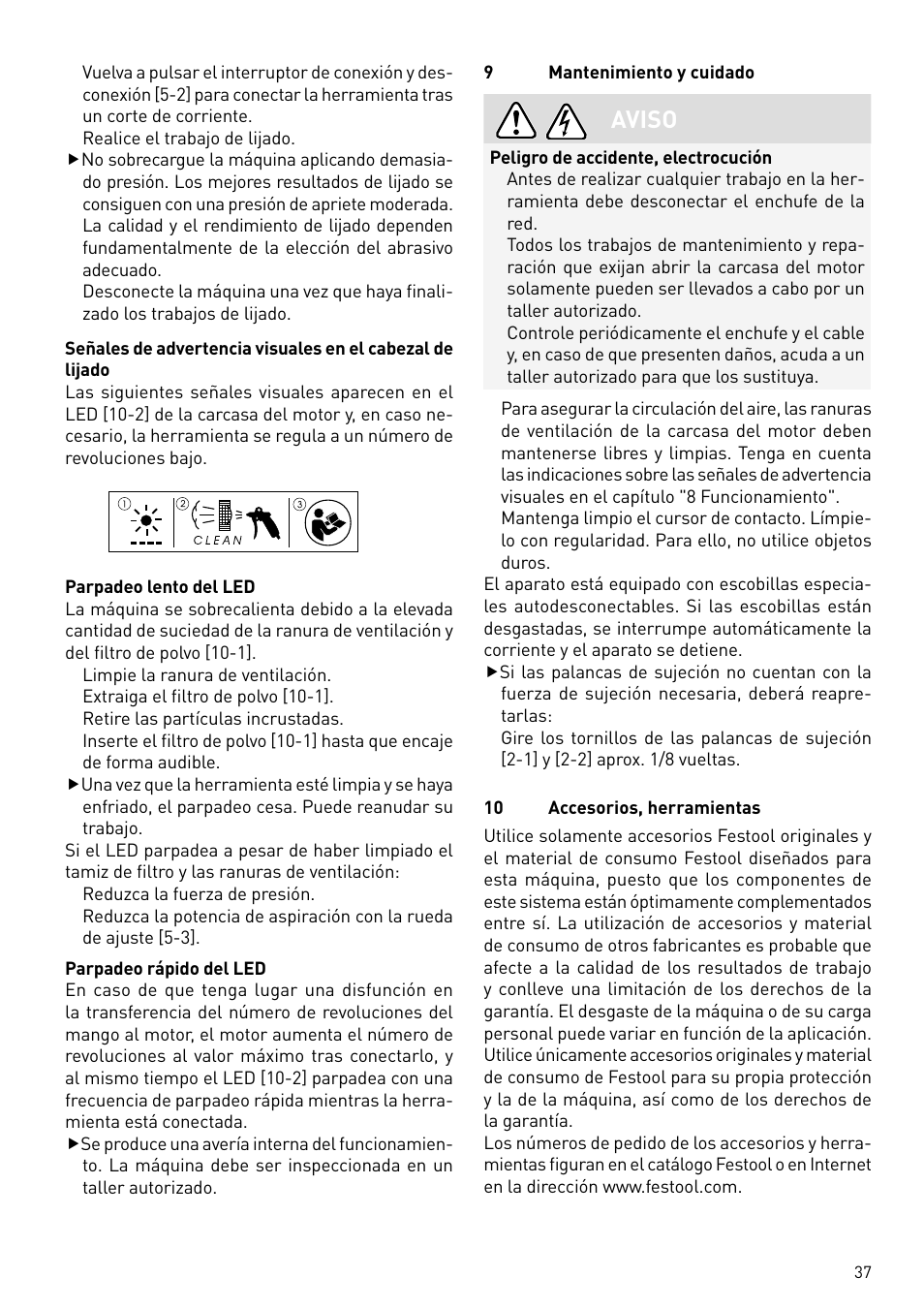 Aviso | Festool PLANEX LHS 225 EQ User Manual | Page 37 / 126