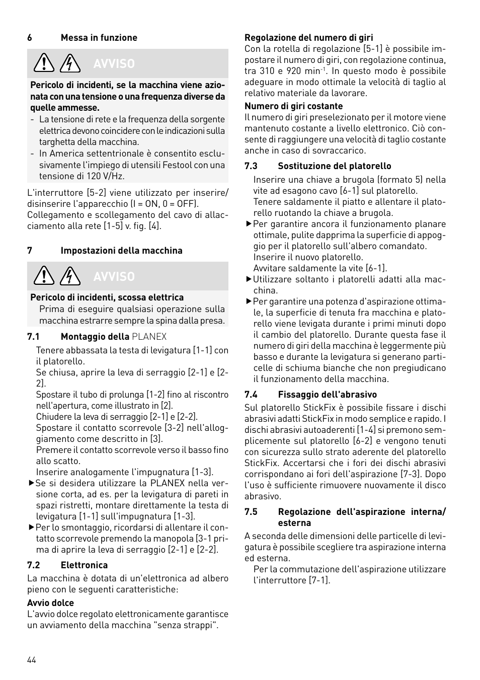 Avviso | Festool PLANEX LHS 225 EQ User Manual | Page 44 / 126