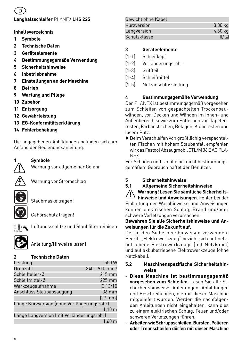 Festool PLANEX LHS 225 EQ User Manual | Page 6 / 126