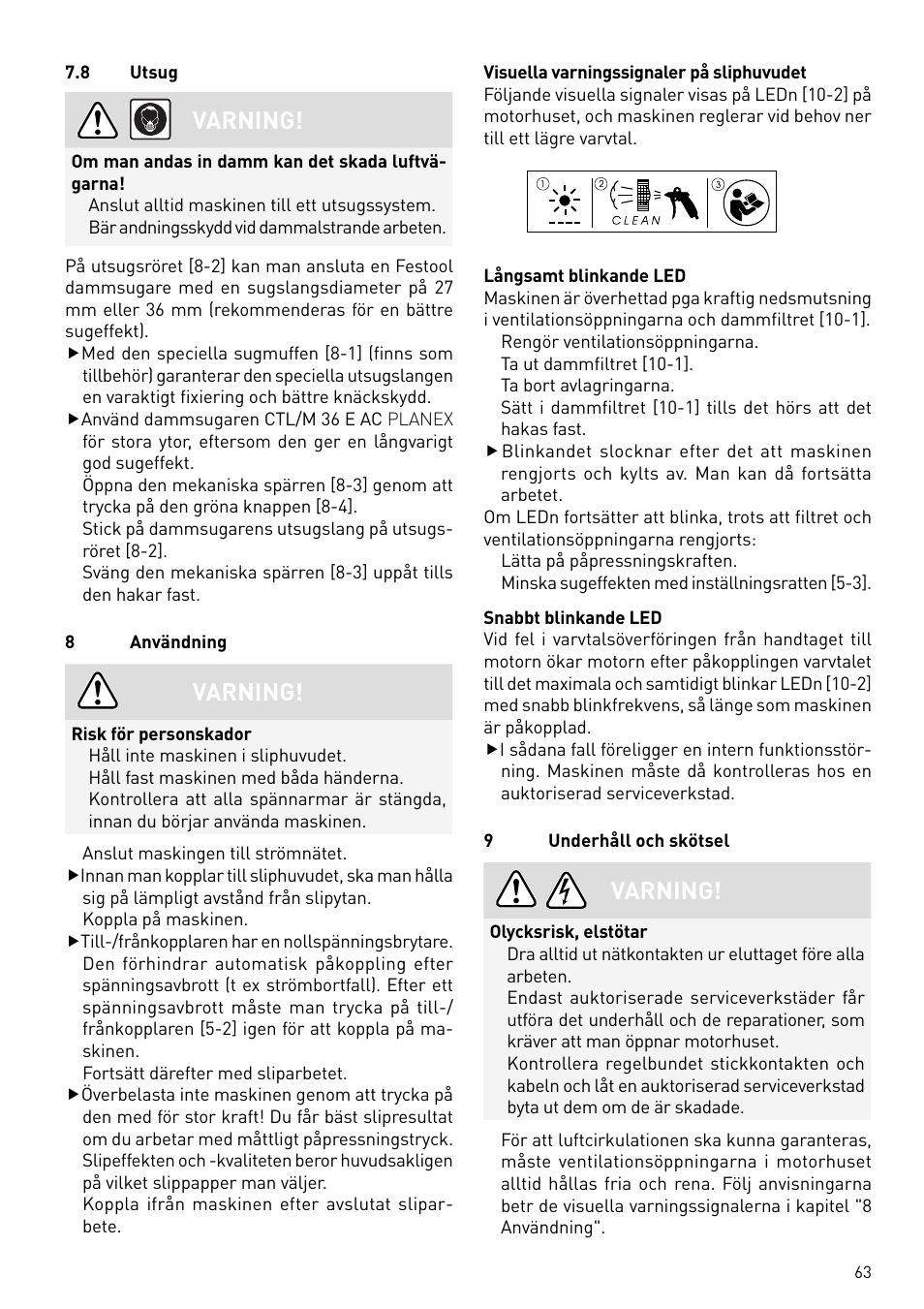 Varning | Festool PLANEX LHS 225 EQ User Manual | Page 63 / 126