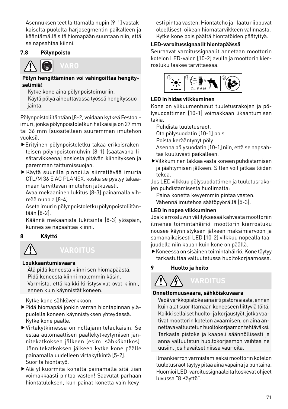 Varo, Varoitus | Festool PLANEX LHS 225 EQ User Manual | Page 71 / 126