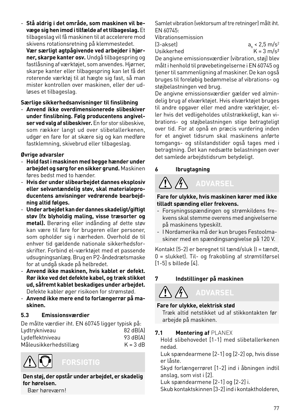 Forsigtig, Advarsel | Festool PLANEX LHS 225 EQ User Manual | Page 77 / 126