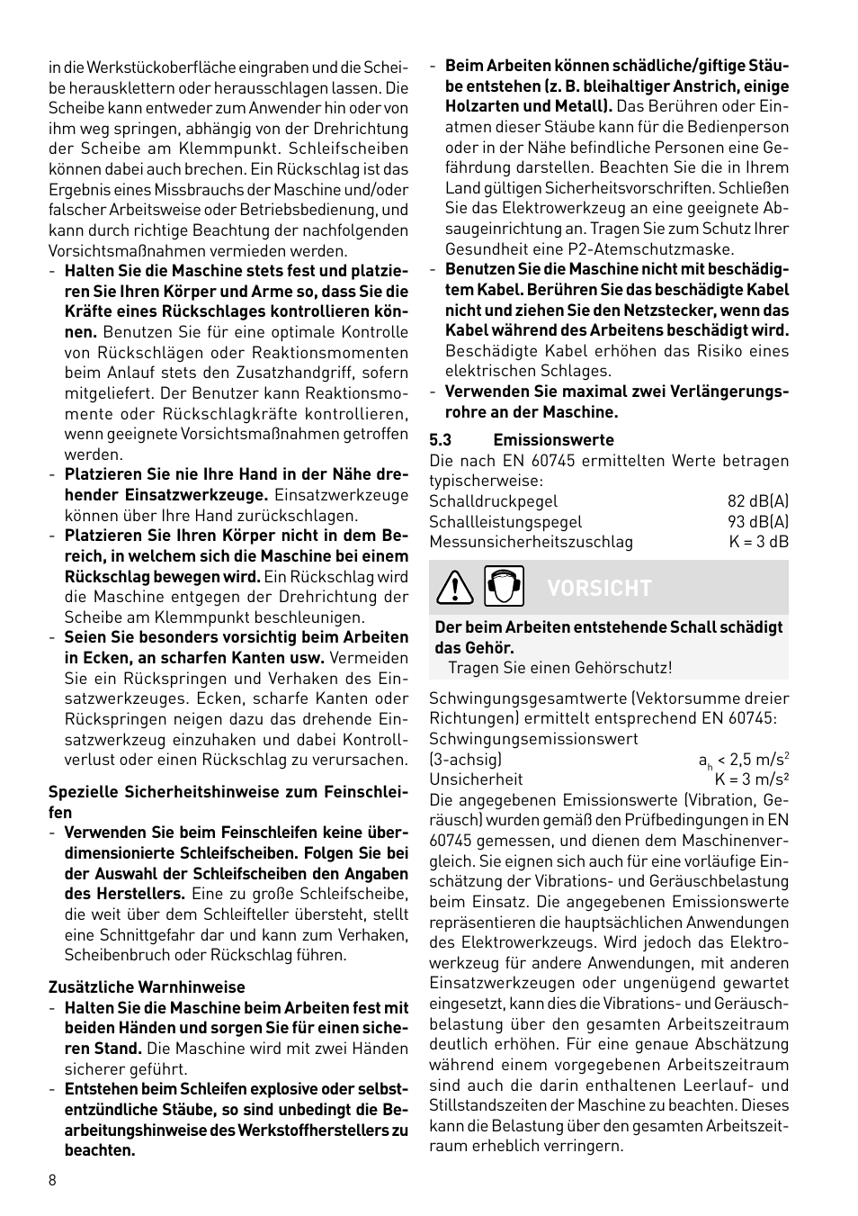 Vorsicht | Festool PLANEX LHS 225 EQ User Manual | Page 8 / 126