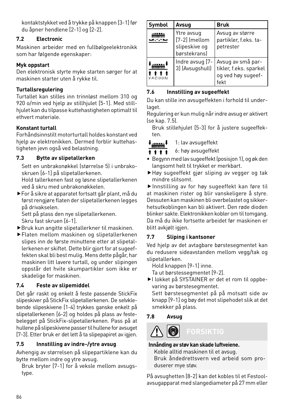 Forsiktig | Festool PLANEX LHS 225 EQ User Manual | Page 86 / 126