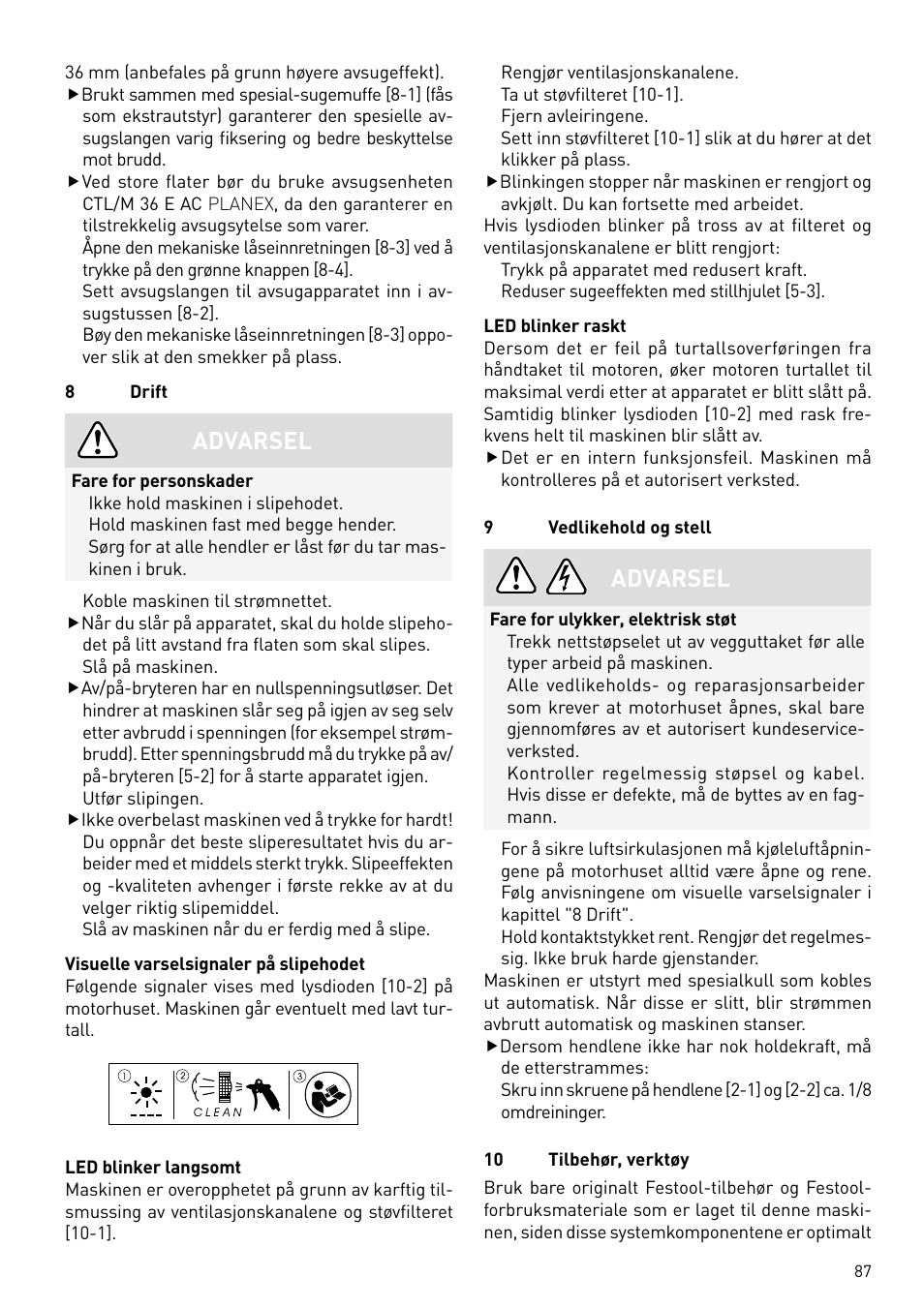 Advarsel | Festool PLANEX LHS 225 EQ User Manual | Page 87 / 126