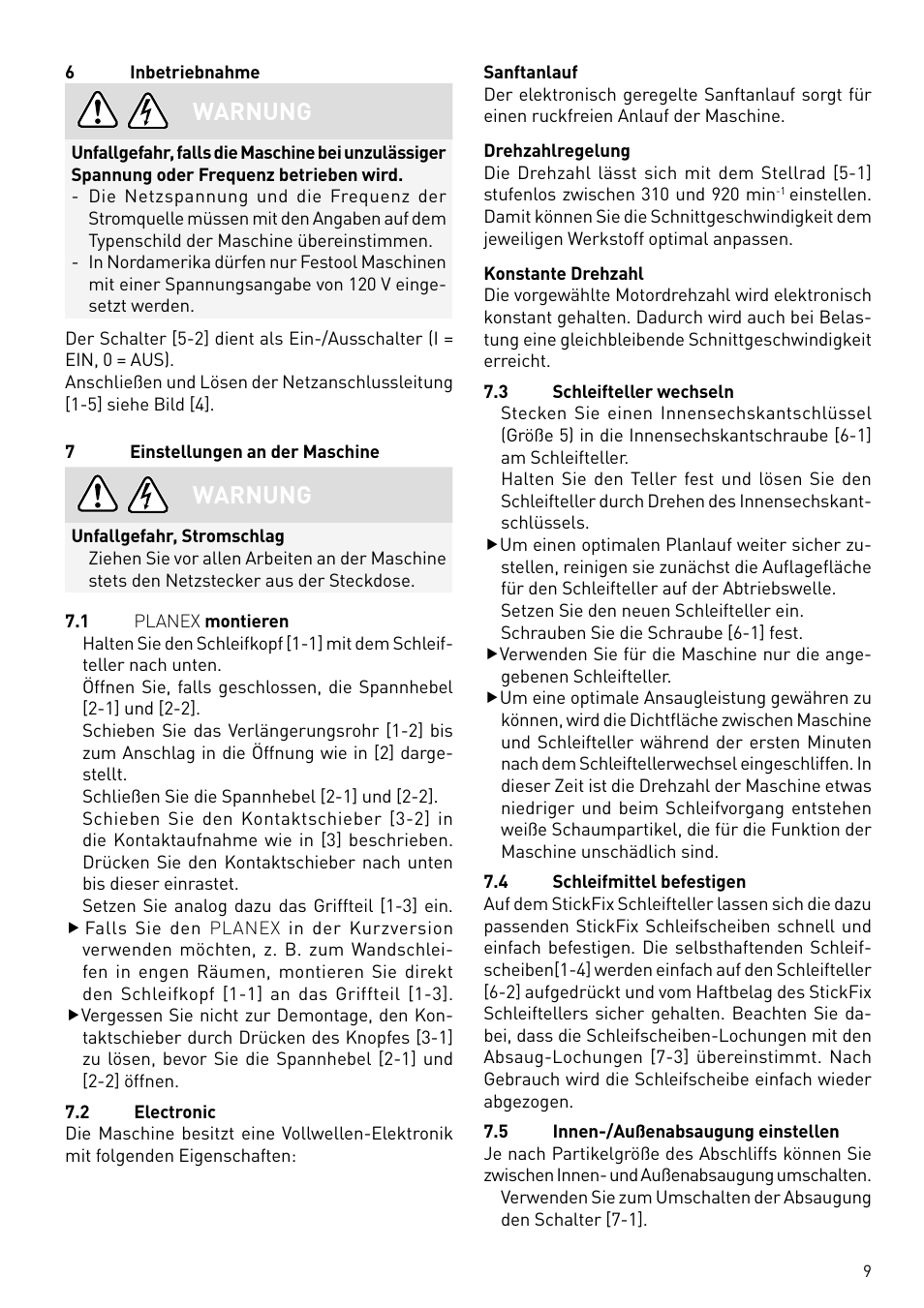Warnung | Festool PLANEX LHS 225 EQ User Manual | Page 9 / 126