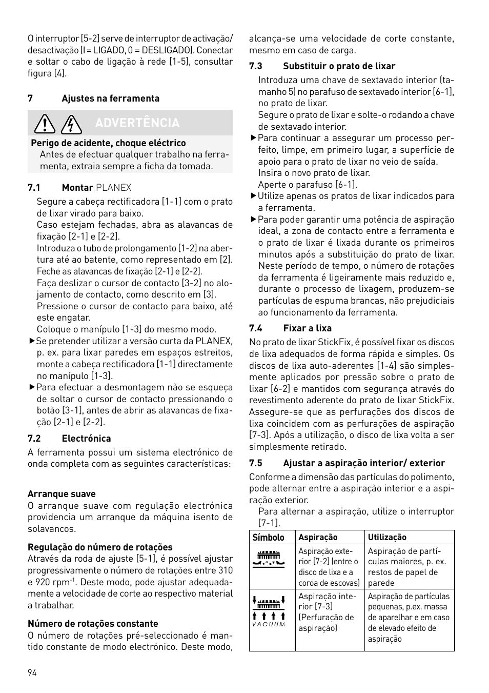 Advertência | Festool PLANEX LHS 225 EQ User Manual | Page 94 / 126