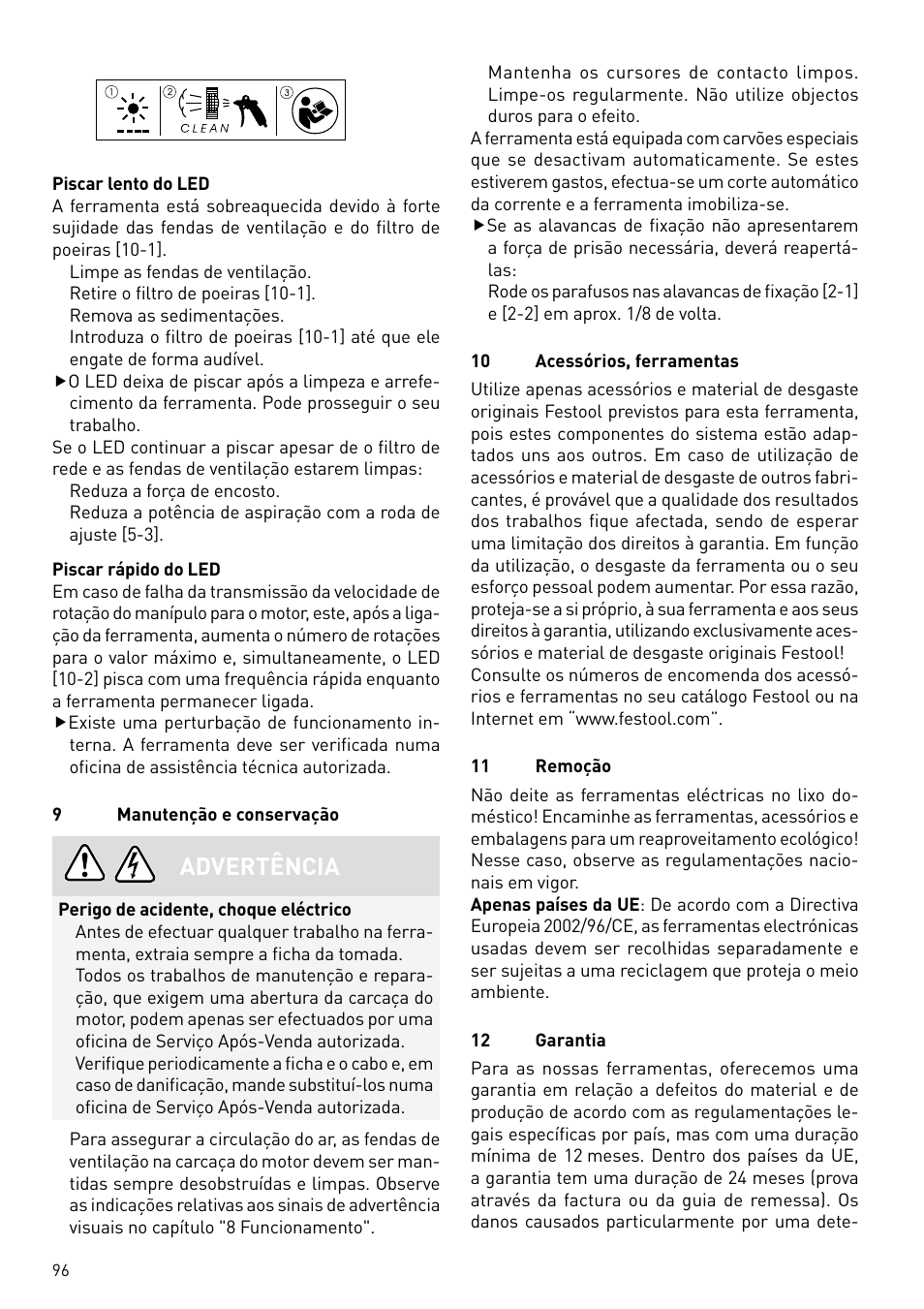 Advertência | Festool PLANEX LHS 225 EQ User Manual | Page 96 / 126