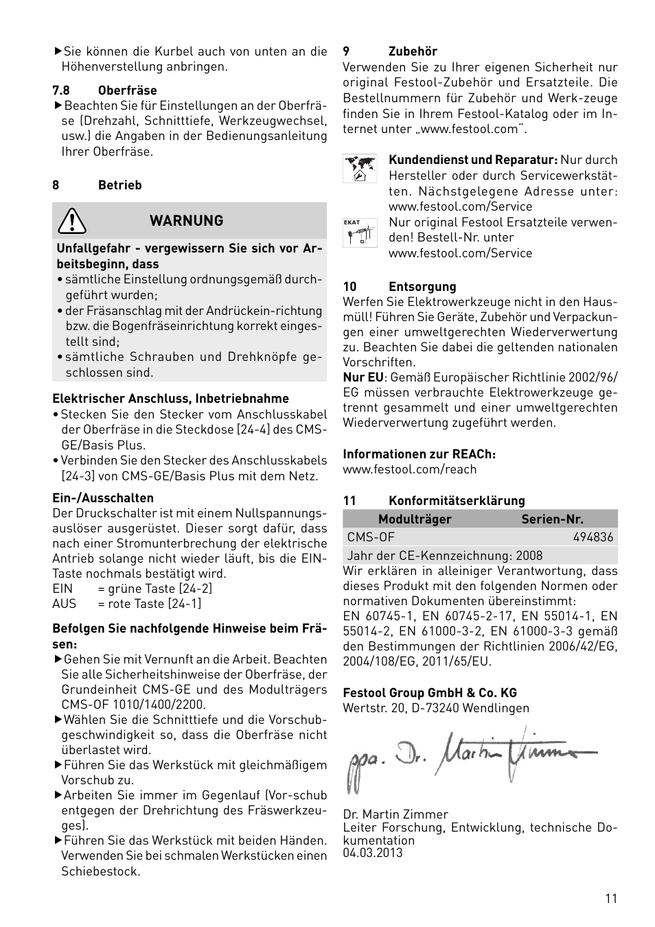 Warnung | Festool CMS-OF User Manual | Page 11 / 100