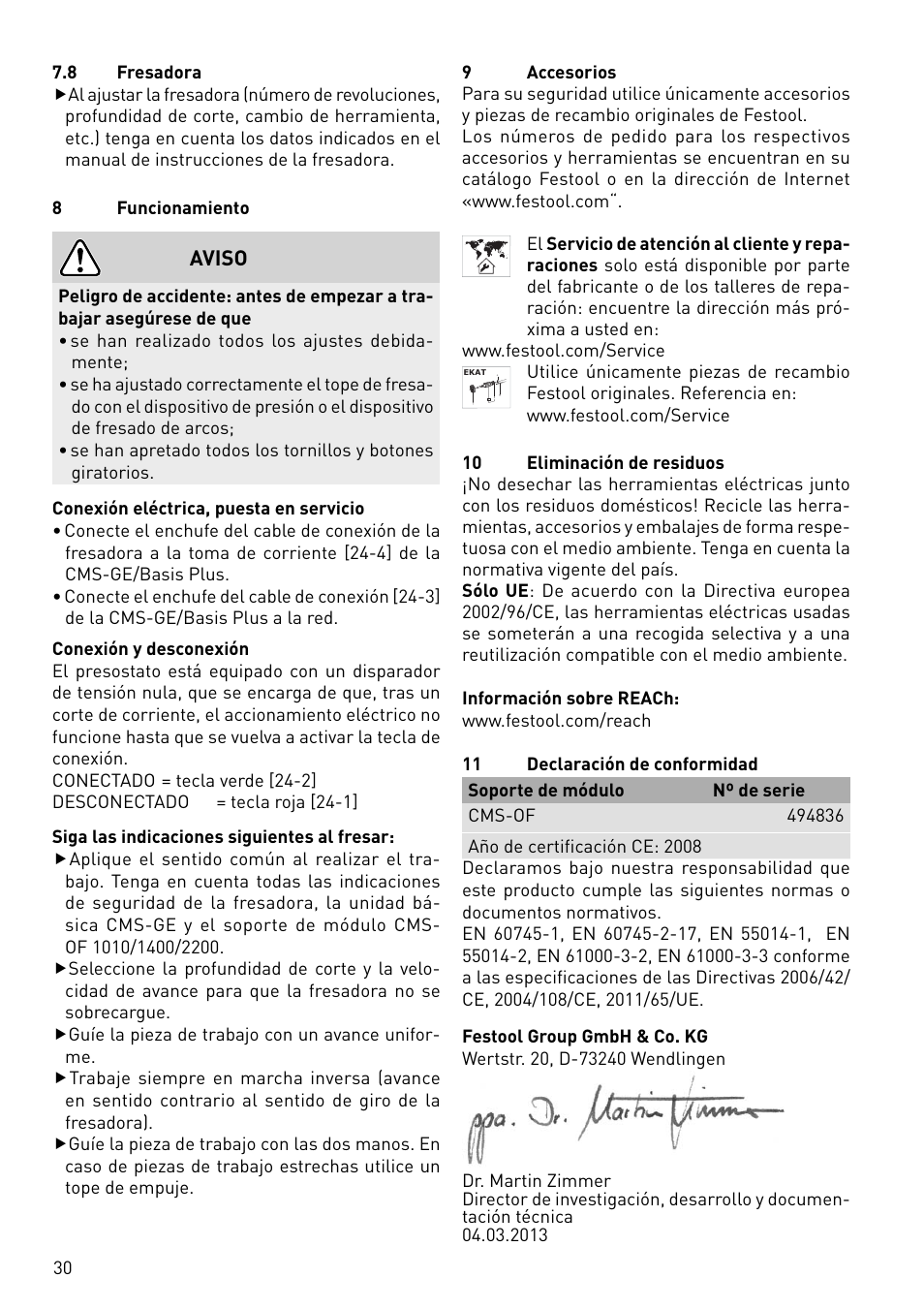 Aviso | Festool CMS-OF User Manual | Page 30 / 100