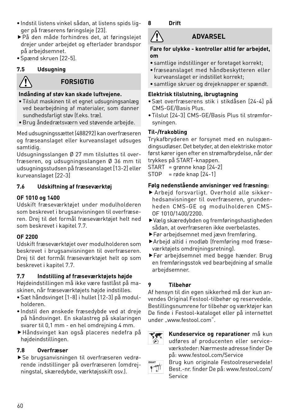 Forsigtig, Advarsel | Festool CMS-OF User Manual | Page 60 / 100