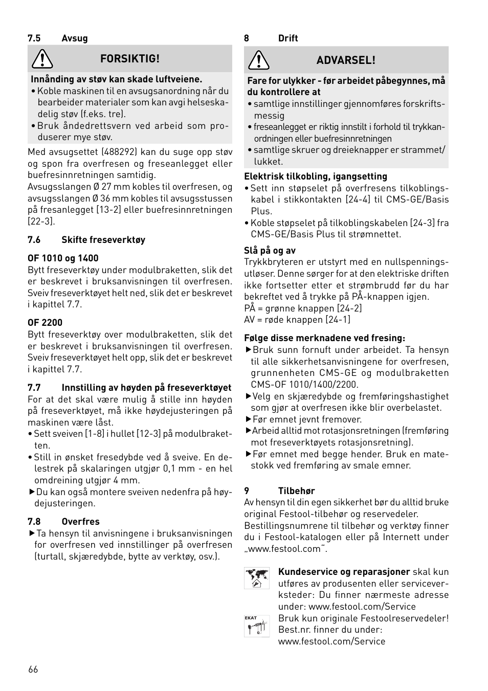 Forsiktig, Advarsel | Festool CMS-OF User Manual | Page 66 / 100