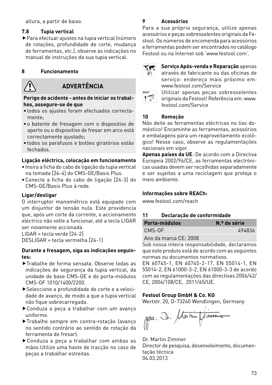 Advertência | Festool CMS-OF User Manual | Page 73 / 100