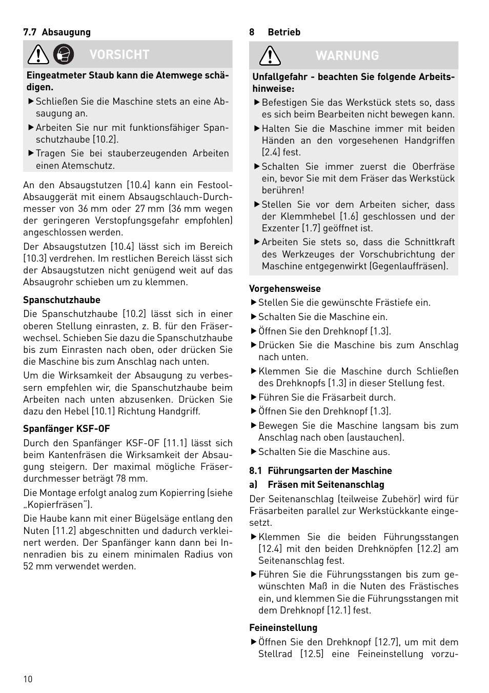 Vorsicht, Warnung | Festool OF 2200 EB User Manual | Page 10 / 116