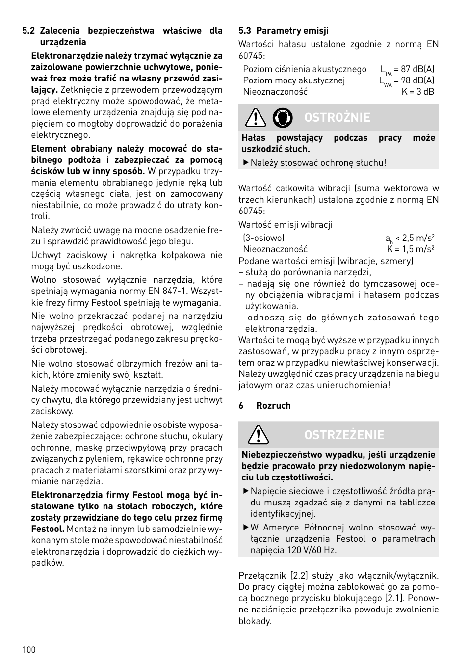 Ostrożnie, Ostrzeżenie | Festool OF 2200 EB User Manual | Page 100 / 116