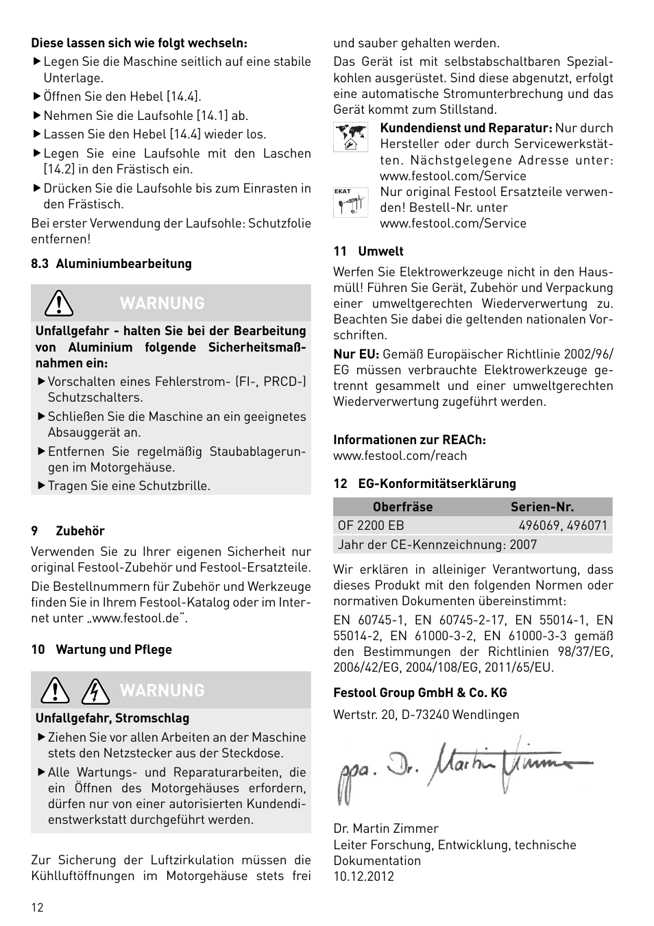 Warnung | Festool OF 2200 EB User Manual | Page 12 / 116