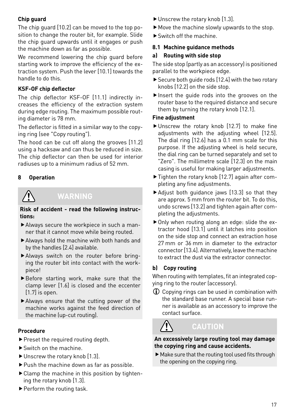 Warning, Caution | Festool OF 2200 EB User Manual | Page 17 / 116