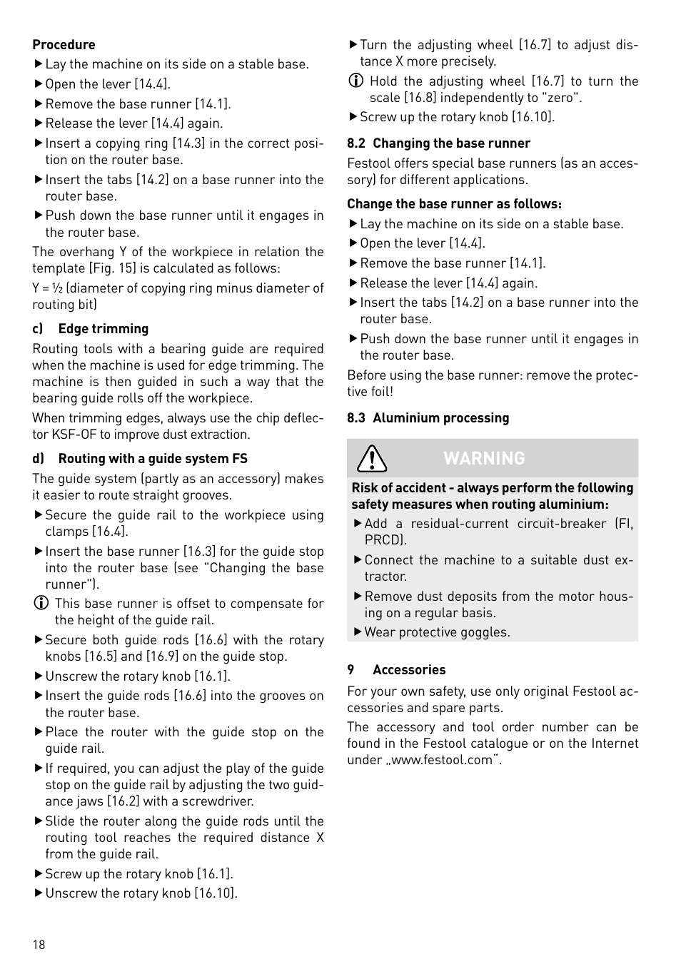 Warning | Festool OF 2200 EB User Manual | Page 18 / 116